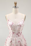 Sparkly Pink Floral A Line Short Cocktail Dress with Sequins