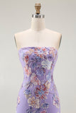 Sparkly Purple Strapless Floral Maxi Prom Dress with Beading
