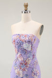 Sparkly Purple Strapless Floral Maxi Prom Dress with Beading