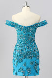 Sparkly Blue Corset Off the Shoulder Beaded Short Cocktail Dress