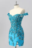 Sparkly Blue Corset Off the Shoulder Beaded Short Cocktail Dress