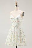 Sparkly Green Spaghetti Straps Floral Short Cocktail Dress with Sequins