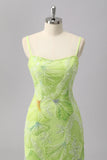 Green Sheath Sparkly Beaded Maxi Prom Dress with Slit