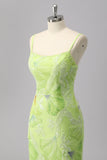 Green Sheath Sparkly Beaded Maxi Prom Dress with Slit