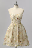 Apricot Floral A Line Short Sparkly Cocktail Dress with Beading