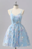 Blue Sparkly Spaghetti Straps Short A Line Cocktail Dress with Sequins