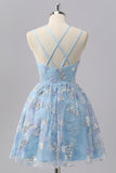 Blue Sparkly Spaghetti Straps Short A Line Cocktail Dress with Sequins