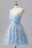 Blue Sparkly Spaghetti Straps Short A Line Cocktail Dress with Sequins