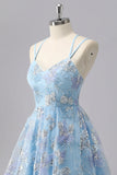 Blue Sparkly Spaghetti Straps Short A Line Cocktail Dress with Sequins