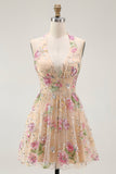 Sparkly Champagne Floral Halter Short Cocktail Dress with Sequins
