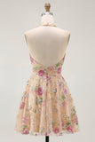 Sparkly Champagne Floral Halter Short Cocktail Dress with Sequins