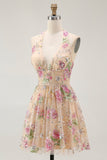 Sparkly Champagne Floral Halter Short Cocktail Dress with Sequins