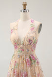 Sparkly Champagne Floral Halter Short Cocktail Dress with Sequins