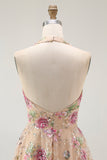 Sparkly Champagne Floral Halter Short Cocktail Dress with Sequins