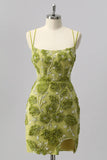 Sparkly Green Tight Floral Short Cocktail Dress with Beading