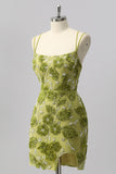 Sparkly Green Tight Floral Short Cocktail Dress with Beading