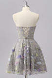 Grey Sweetheart Floral A Line Short Cocktail Dress with Beading