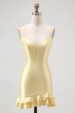 Yellow Satin Spaghetti Straps Ruffled Tight Short Cocktail Dress with Beading