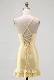 Yellow Satin Spaghetti Straps Ruffled Tight Short Cocktail Dress with Beading