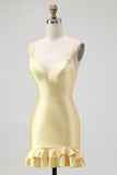 Yellow Satin Spaghetti Straps Ruffled Tight Short Cocktail Dress with Beading