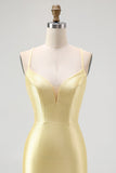 Yellow Satin Spaghetti Straps Ruffled Tight Short Cocktail Dress with Beading