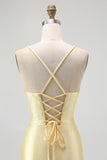Yellow Satin Spaghetti Straps Ruffled Tight Short Cocktail Dress with Beading