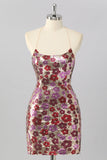 Sparkly Red Floral Sequin Tight Short Criss Cross Back Cocktail Dress
