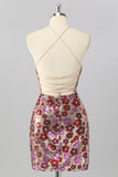 Sparkly Red Floral Sequin Tight Short Criss Cross Back Cocktail Dress