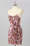 Sparkly Red Floral Sequin Tight Short Criss Cross Back Cocktail Dress