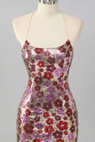 Sparkly Red Floral Sequin Tight Short Criss Cross Back Cocktail Dress