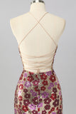 Sparkly Red Floral Sequin Tight Short Criss Cross Back Cocktail Dress