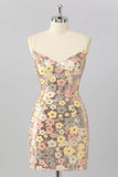 Sparkly Yellow Sequin Floral Lace up Back Tight Short Cocktail Dress