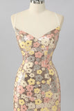 Sparkly Yellow Sequin Floral Lace up Back Tight Short Cocktail Dress