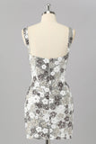Silver Sequins Tight Short Sparkly Cocktail Dress with Slit