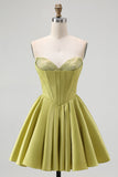 Green Sweetheart A-Line Satin Short Cocktail Dress with Beading