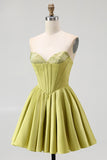 Green Sweetheart A-Line Satin Short Cocktail Dress with Beading