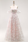 Blush Floral A Line Long Prom Dress with Detachable Sleeves