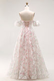 Blush Floral A Line Long Prom Dress with Detachable Sleeves