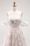 Blush Floral A Line Long Prom Dress with Detachable Sleeves