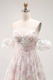 Blush Floral A Line Long Prom Dress with Detachable Sleeves