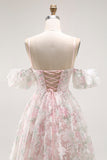 Blush Floral A Line Long Prom Dress with Detachable Sleeves