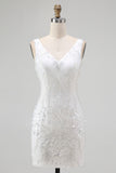 Sparkly White Sequins Bodycon V-Neck Short Cocktail Dress