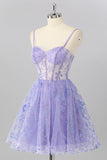 Sparkly Purple Floral Corset A Line Short Cocktail Dress