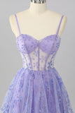 Sparkly Purple Floral Corset A Line Short Cocktail Dress