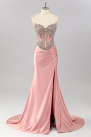 Sparkly Blush Corset Mermaid Strapless Maxi Prom Dress with Slit