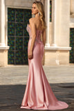 Sparkly Blush Mermaid Corset Strapless Maxi Prom Dress with Slit