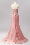 Sparkly Blush Corset Mermaid Strapless Maxi Prom Dress with Slit