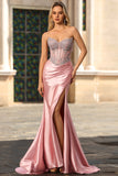 Sparkly Blush Mermaid Corset Strapless Maxi Prom Dress with Slit