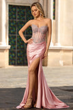 Sparkly Blush Mermaid Corset Strapless Maxi Prom Dress with Slit