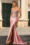 Sparkly Blush Mermaid Corset Strapless Maxi Prom Dress with Slit